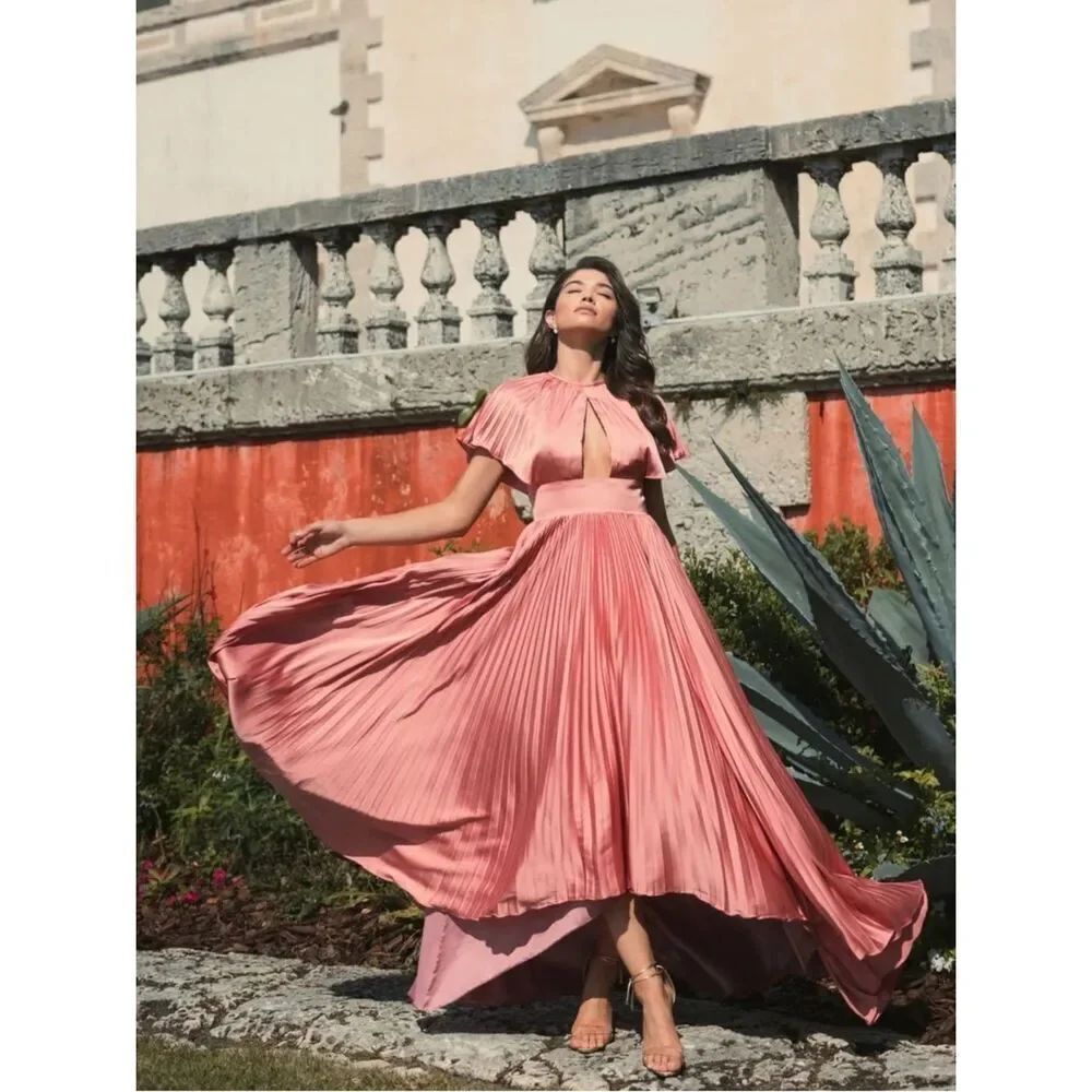 NWT Mac Duggal 11637 Pink Front Cutout Pleated High Low Dress Size 4